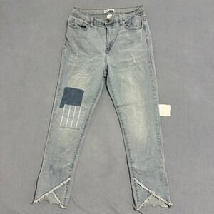 Luna Nora High Rise Distressed Patchwork Frayed Tulip Hem Jeans Blue Womens 12